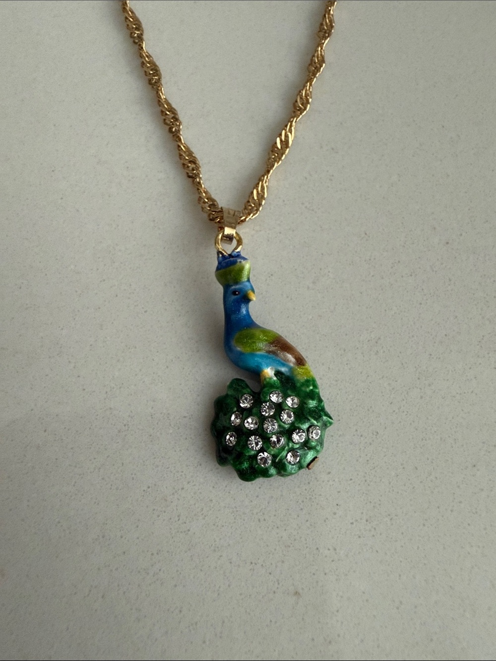 Gold-Tone Blue & Green Enamel Peacock Pendant Necklace